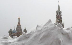 A pile of snow is seen in Red Square during a snowfall in central Moscow